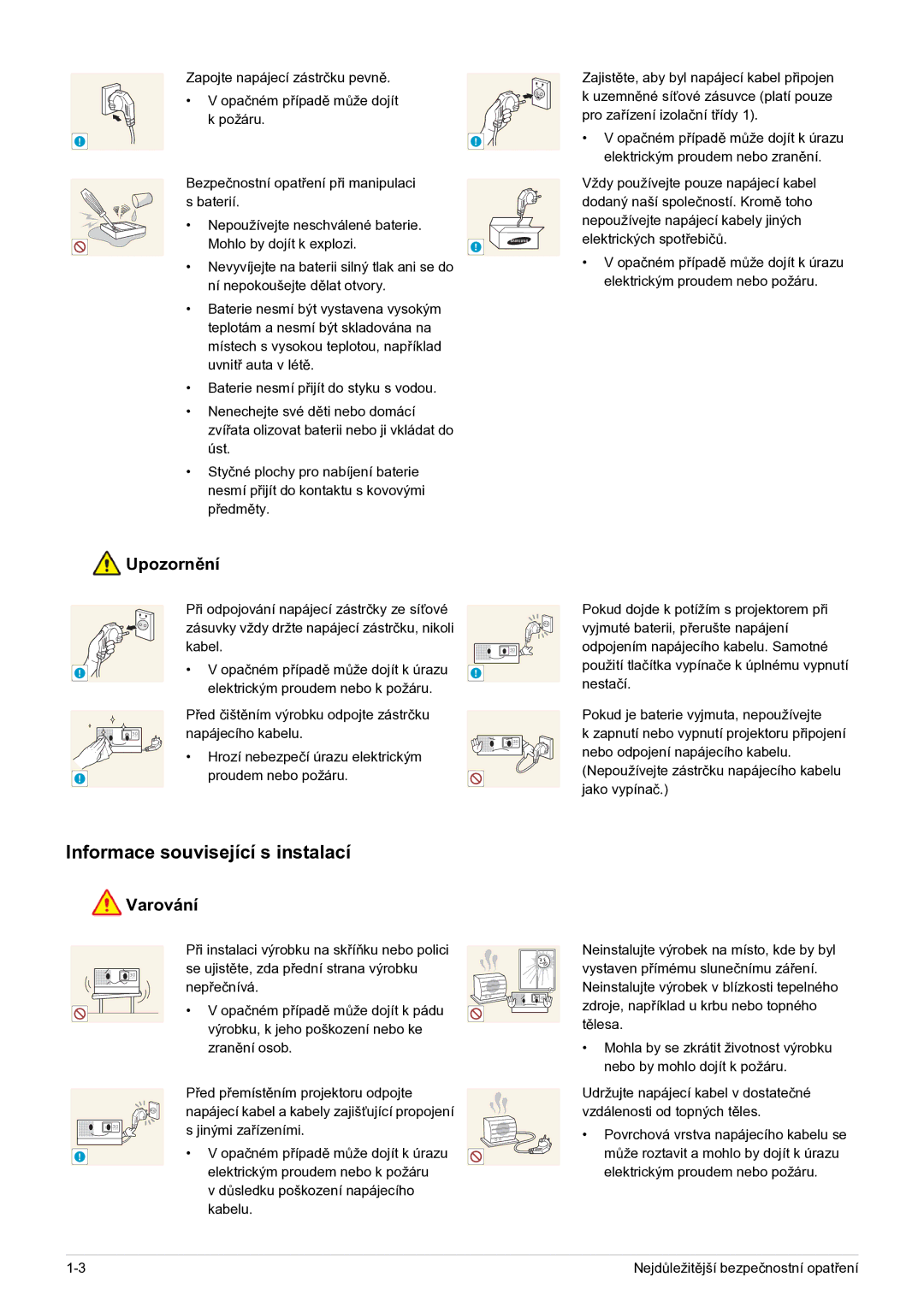 Samsung SP0351VBX/EN manual Informace související s instalací, Upozornění 