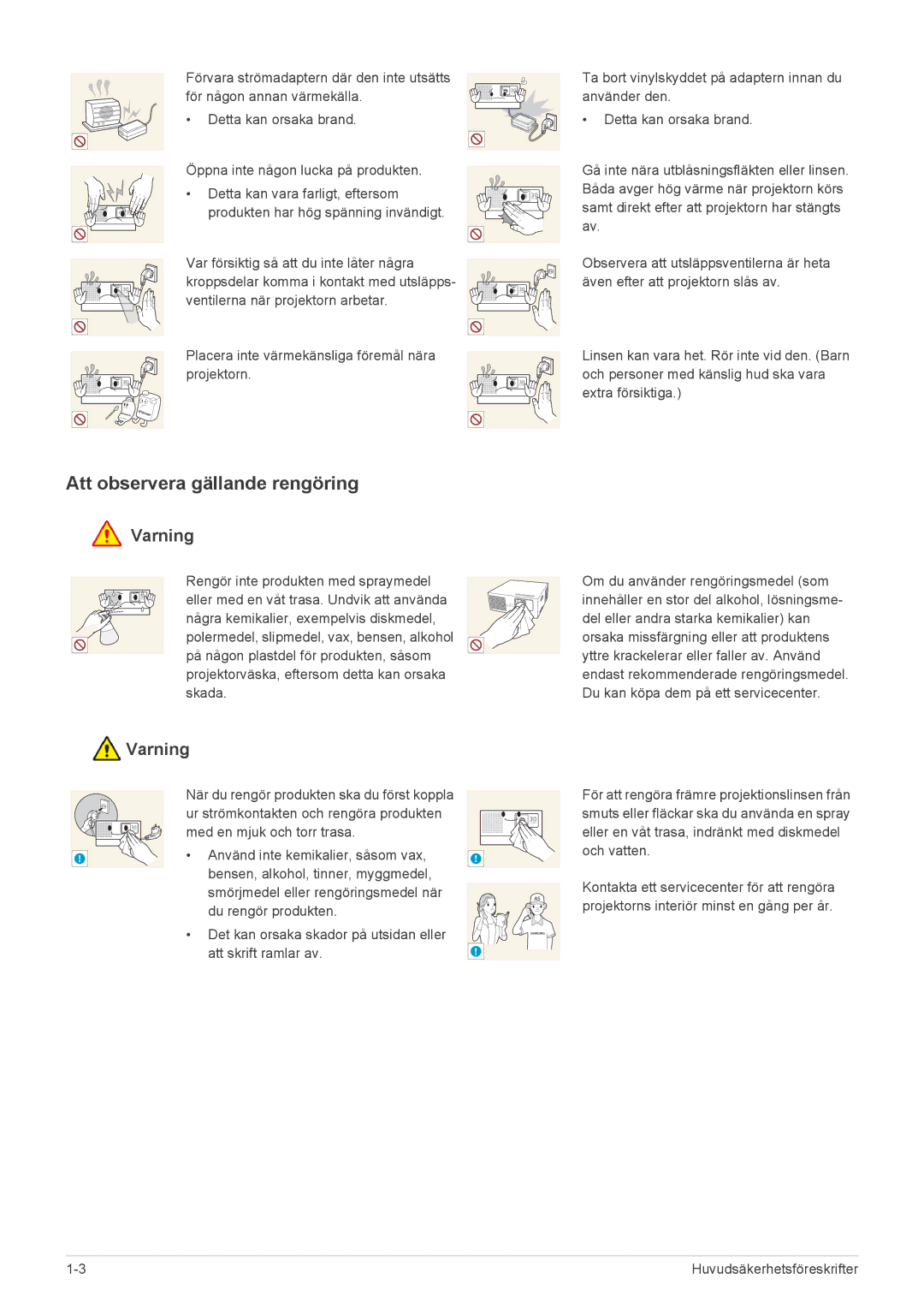 Samsung SP0351VBX/EN manual Att observera gällande rengöring 