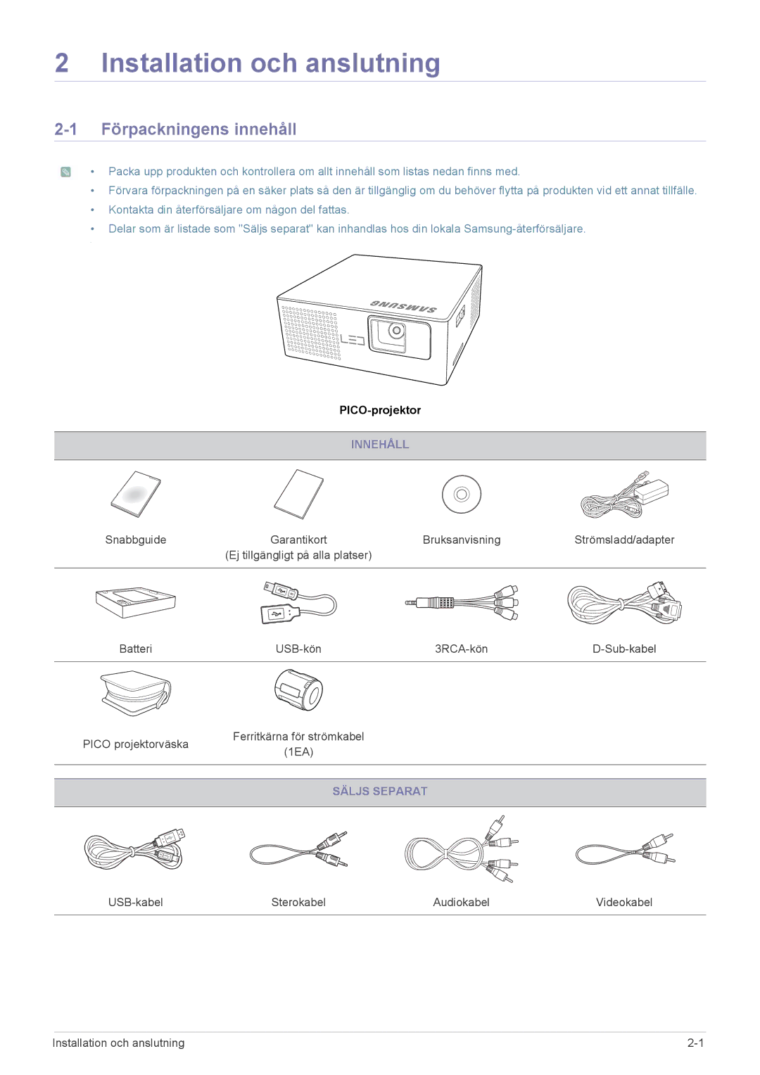 Samsung SP0351VBX/EN manual Förpackningens innehåll, Innehåll, Säljs Separat 