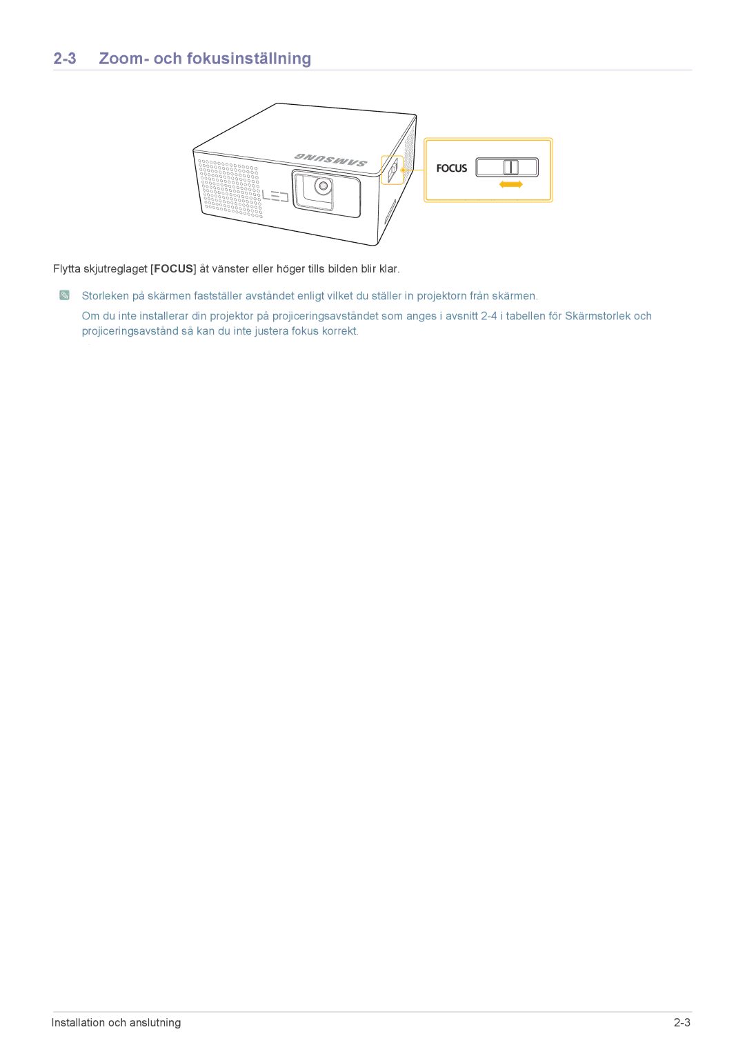 Samsung SP0351VBX/EN manual Zoom- och fokusinställning 