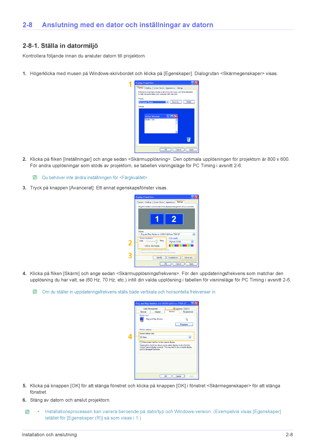 Samsung SP0351VBX/EN manual Anslutning med en dator och inställningar av datorn, 1. Ställa in datormiljö 