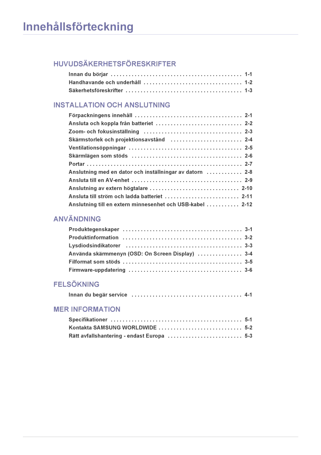 Samsung SP0351VBX/EN manual Skärmstorlek och projektionsavstånd, Anslutning med en dator och inställningar av datorn 