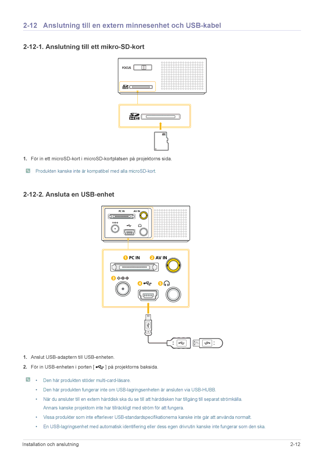 Samsung SP0351VBX/EN manual Anslutning till en extern minnesenhet och USB-kabel, Anslutning till ett mikro-SD-kort 