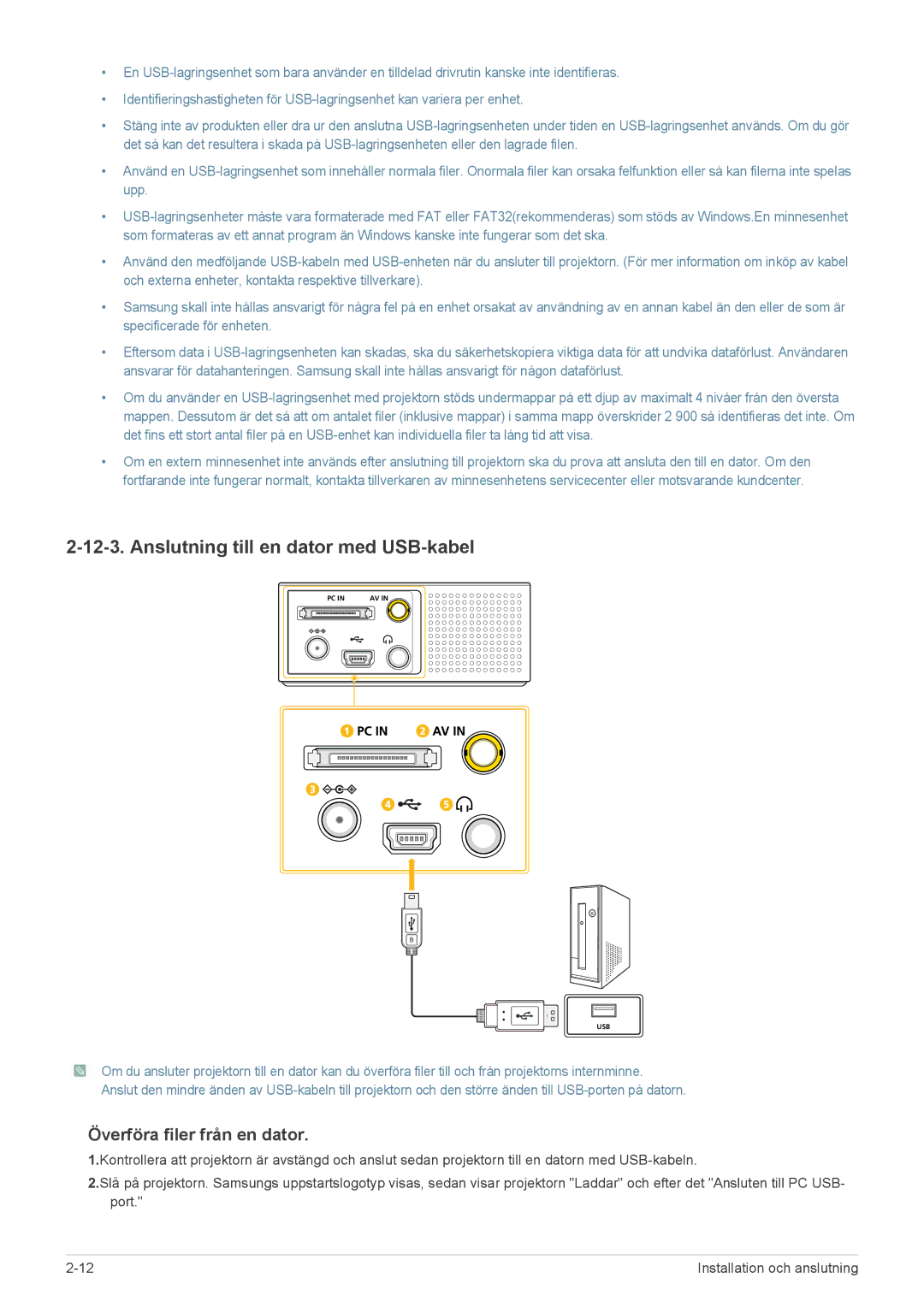 Samsung SP0351VBX/EN manual Anslutning till en dator med USB-kabel, Överföra filer från en dator 