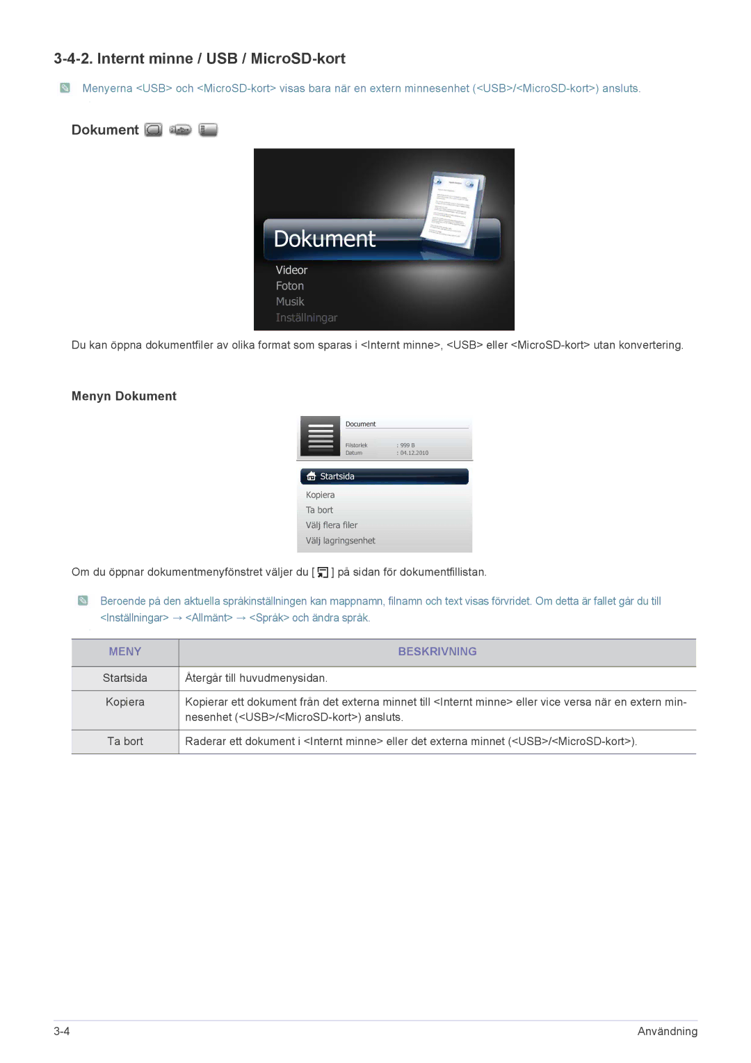 Samsung SP0351VBX/EN manual Internt minne / USB / MicroSD-kort, Menyn Dokument 