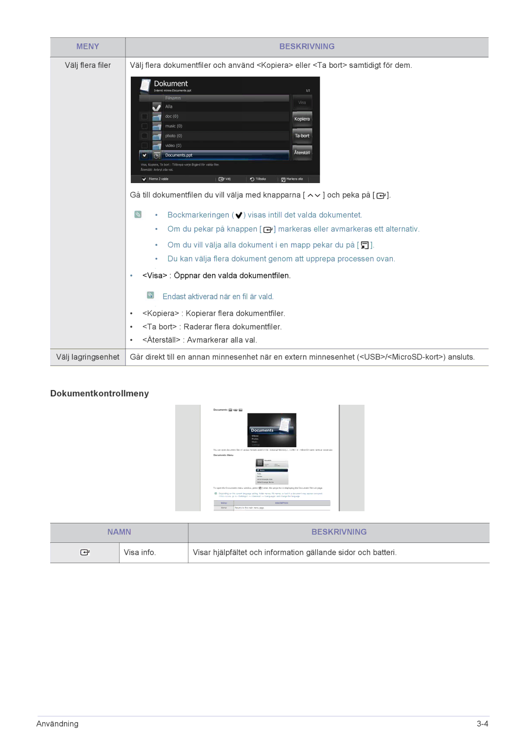 Samsung SP0351VBX/EN manual Dokumentkontrollmeny 