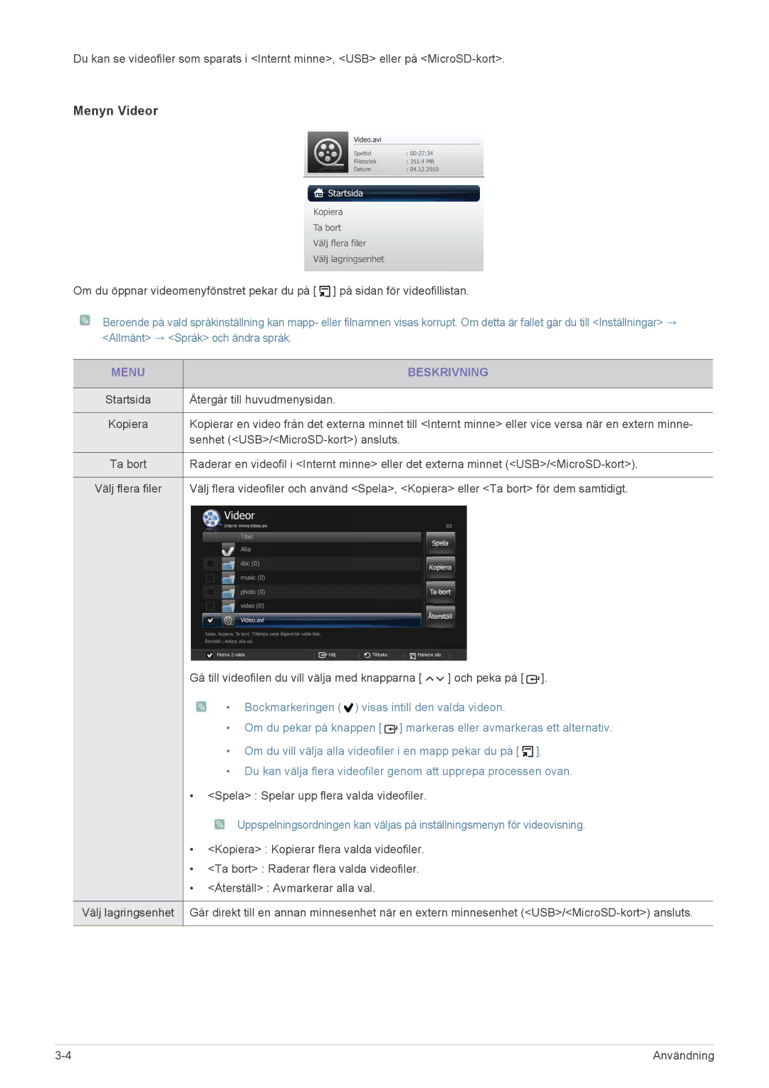 Samsung SP0351VBX/EN manual Menyn Videor, Menu Beskrivning 