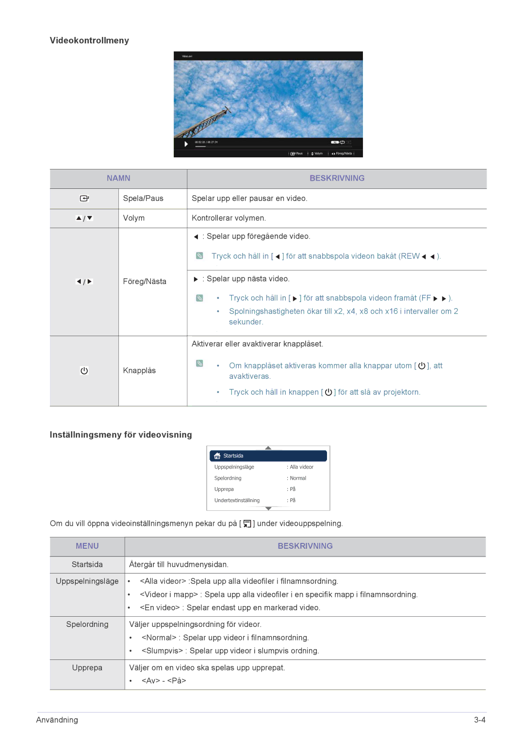 Samsung SP0351VBX/EN manual Videokontrollmeny, Inställningsmeny för videovisning 