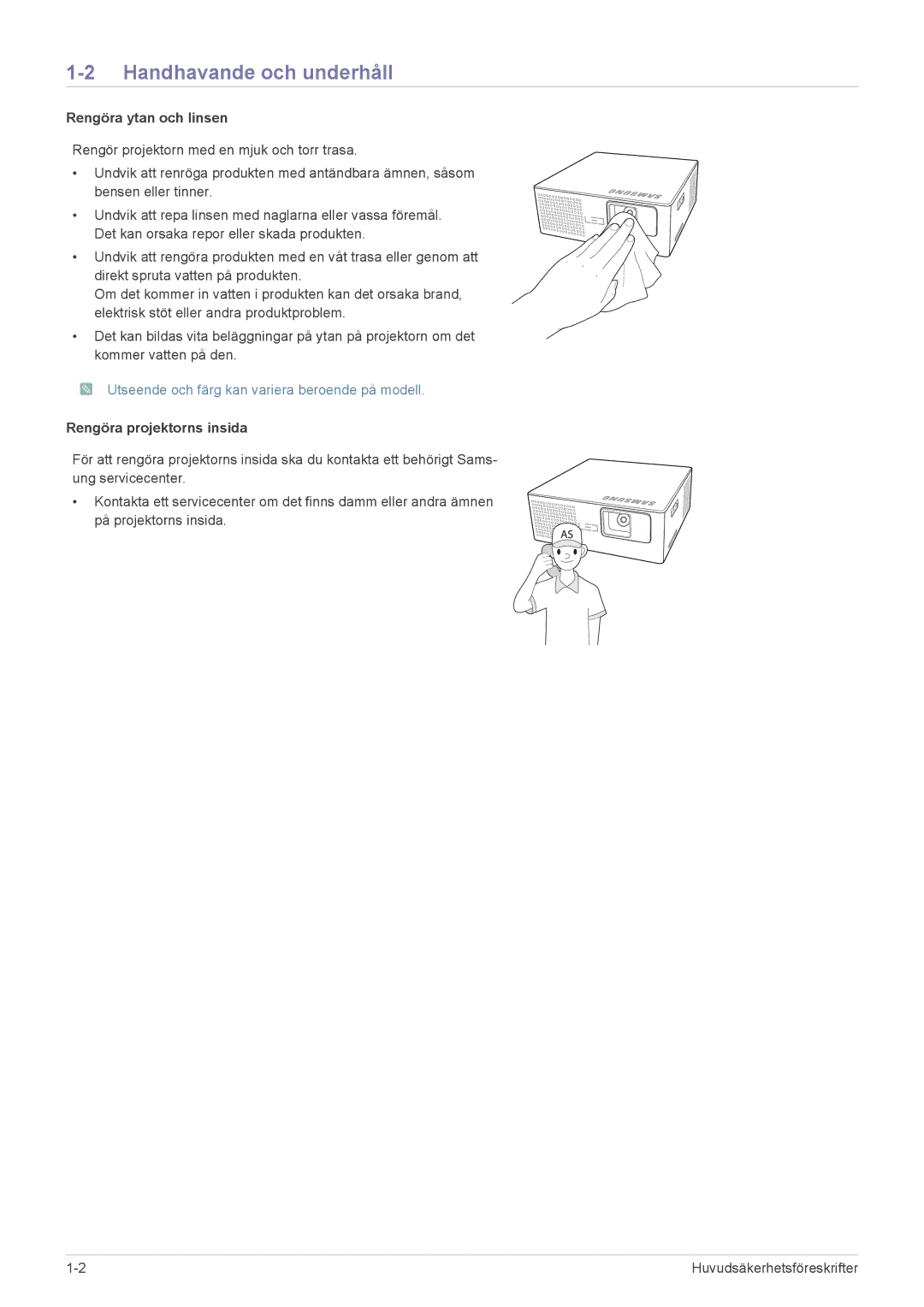 Samsung SP0351VBX/EN manual Handhavande och underhåll, Rengöra ytan och linsen 