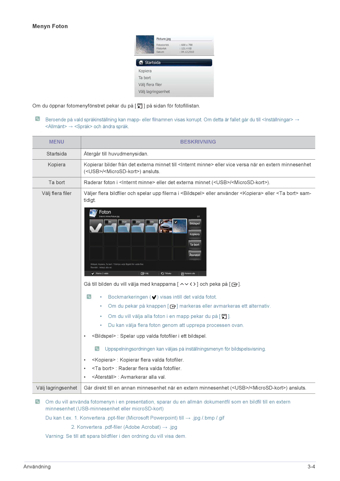 Samsung SP0351VBX/EN manual Menyn Foton, Tidigt 