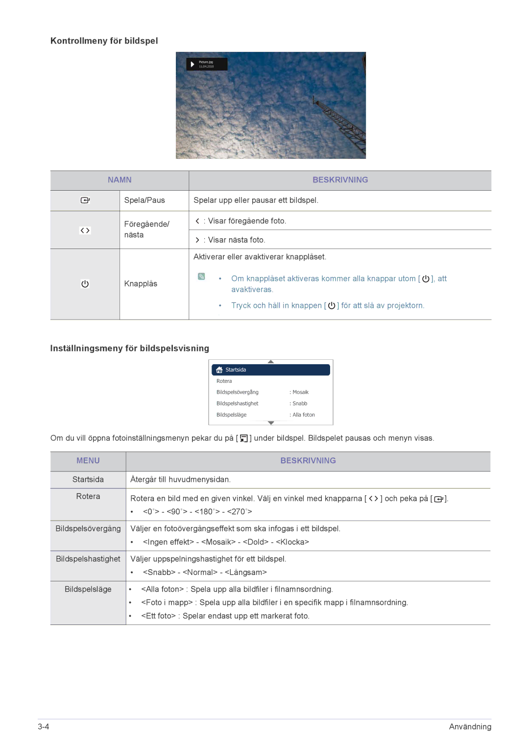 Samsung SP0351VBX/EN manual Kontrollmeny för bildspel, Inställningsmeny för bildspelsvisning 