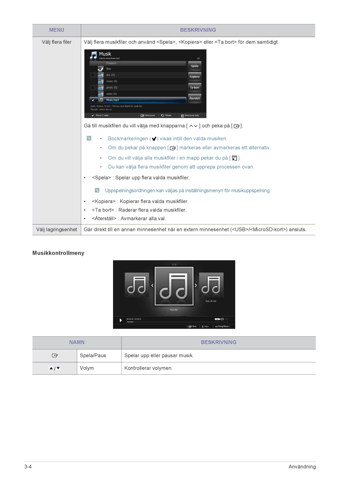 Samsung SP0351VBX/EN manual Musikkontrollmeny 