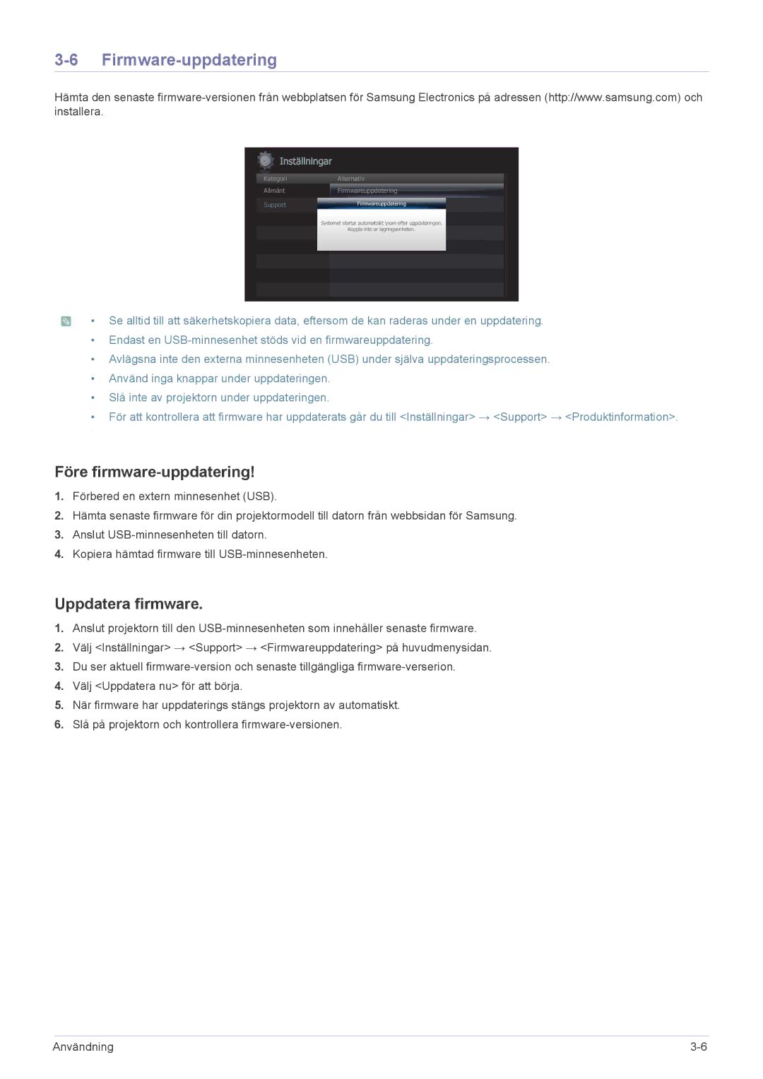 Samsung SP0351VBX/EN manual Firmware-uppdatering, Före firmware-uppdatering, Uppdatera firmware 