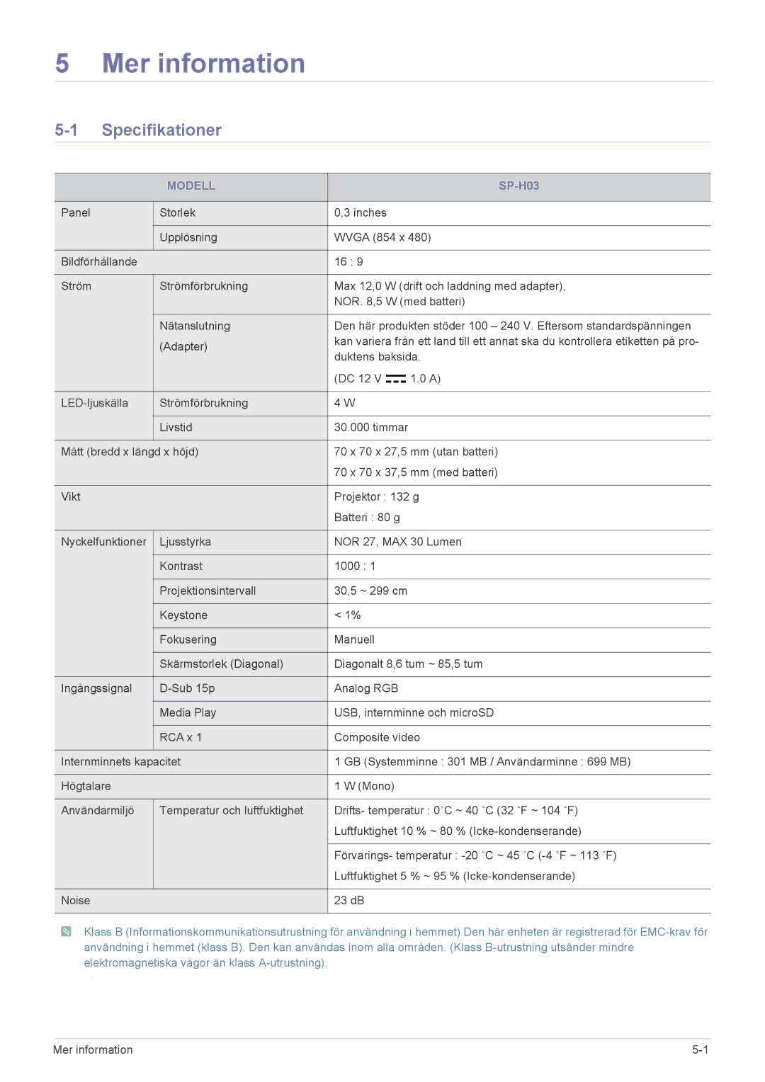 Samsung SP0351VBX/EN manual Specifikationer, Modell 