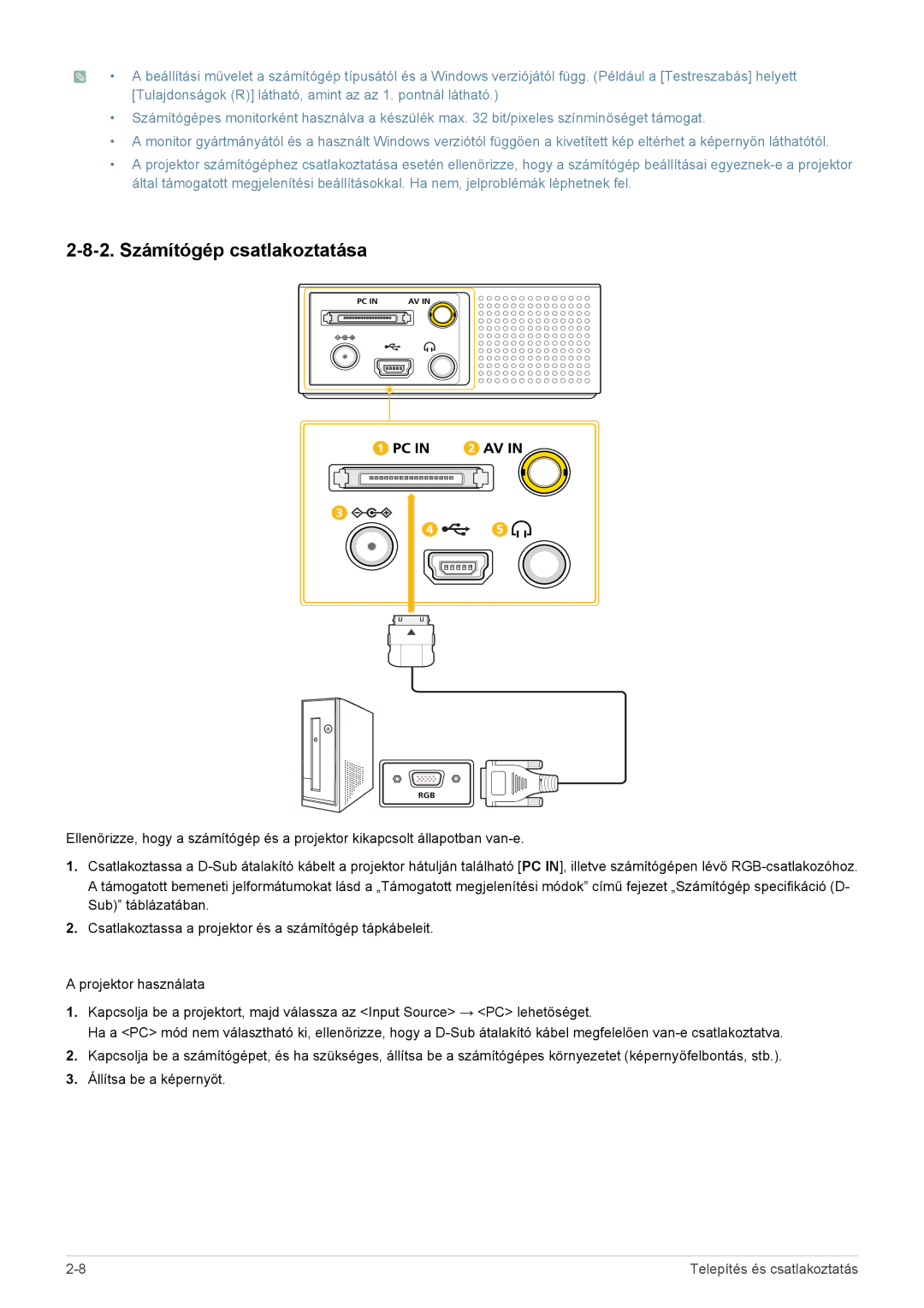 Samsung SP0351VBX/EN manual 2. Számítógép csatlakoztatása 