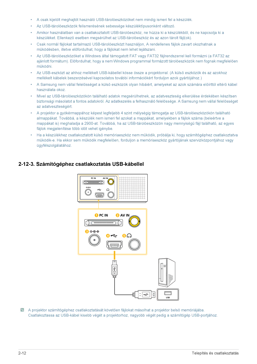 Samsung SP0351VBX/EN manual 12-3. Számítógéphez csatlakoztatás USB-kábellel 