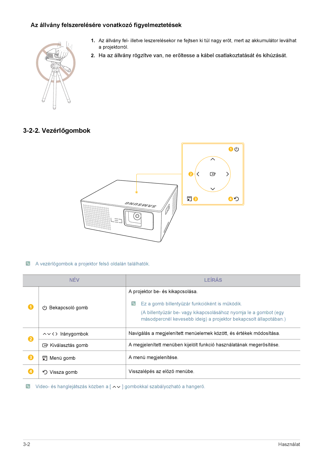 Samsung SP0351VBX/EN manual Vezérlőgombok, Az állvány felszerelésére vonatkozó figyelmeztetések 