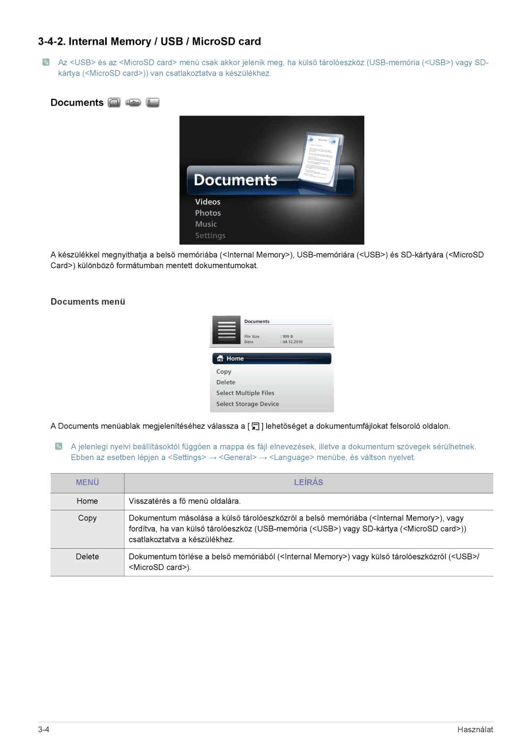 Samsung SP0351VBX/EN manual Internal Memory / USB / MicroSD card, Documents menü 