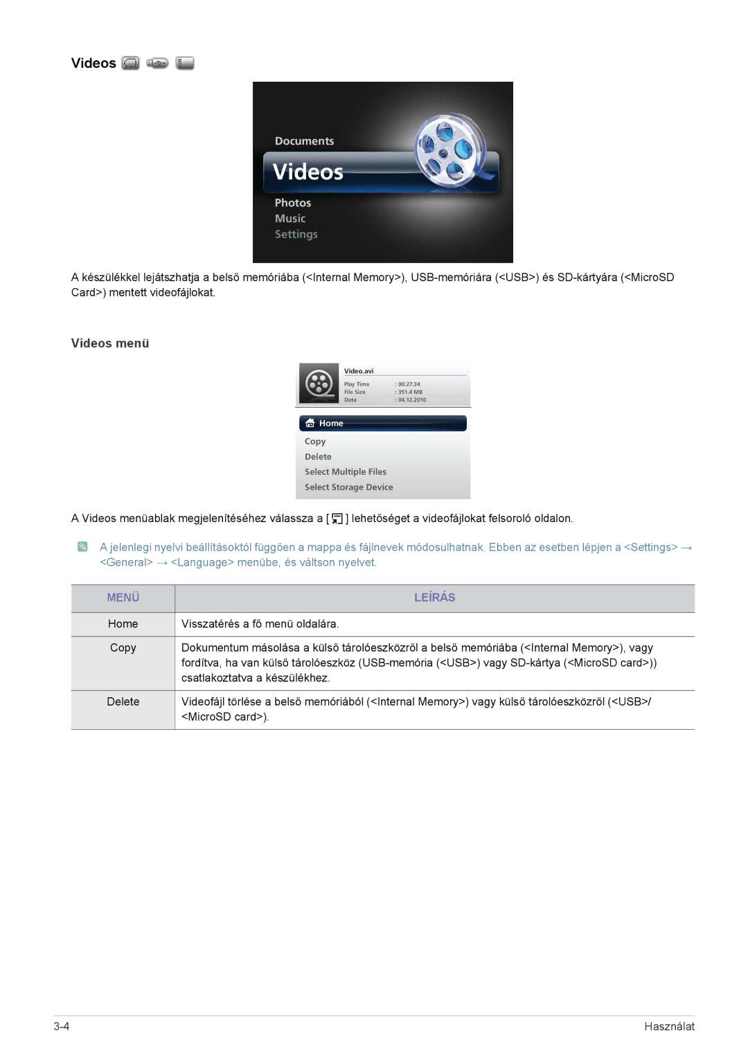 Samsung SP0351VBX/EN manual Videos menü 