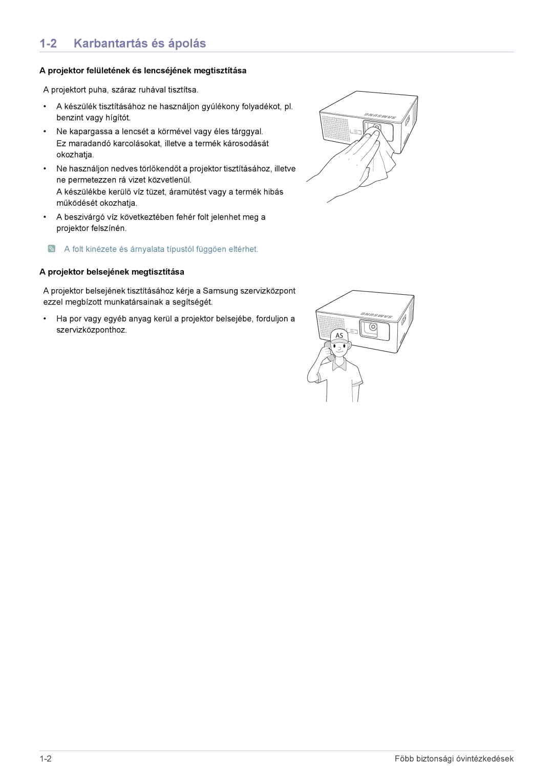 Samsung SP0351VBX/EN manual Karbantartás és ápolás, Projektor felületének és lencséjének megtisztítása 