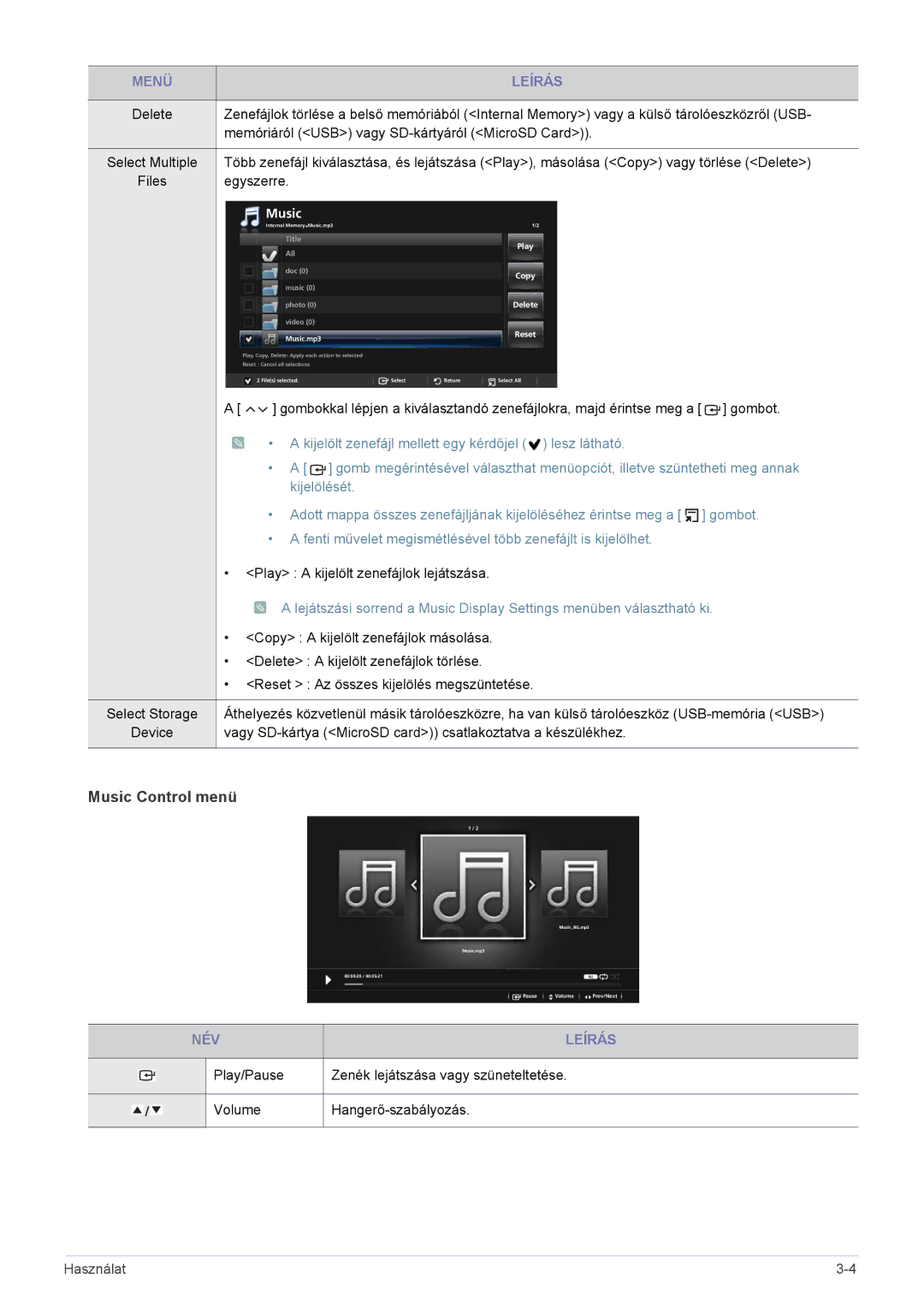 Samsung SP0351VBX/EN manual Music Control menü, Egyszerre 