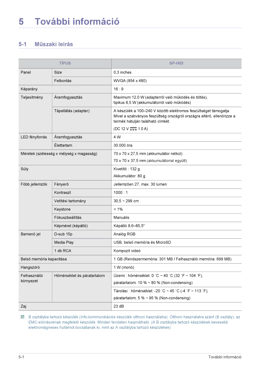 Samsung SP0351VBX/EN manual Műszaki leírás, Típus 