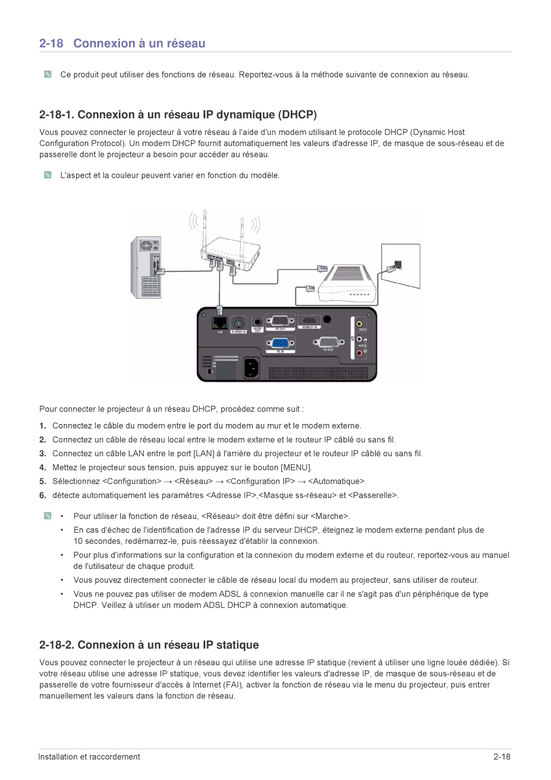 Samsung SP1055XWX/EN, SP1005XWX/EN manual Connexion à un réseau IP dynamique Dhcp, Connexion à un réseau IP statique 