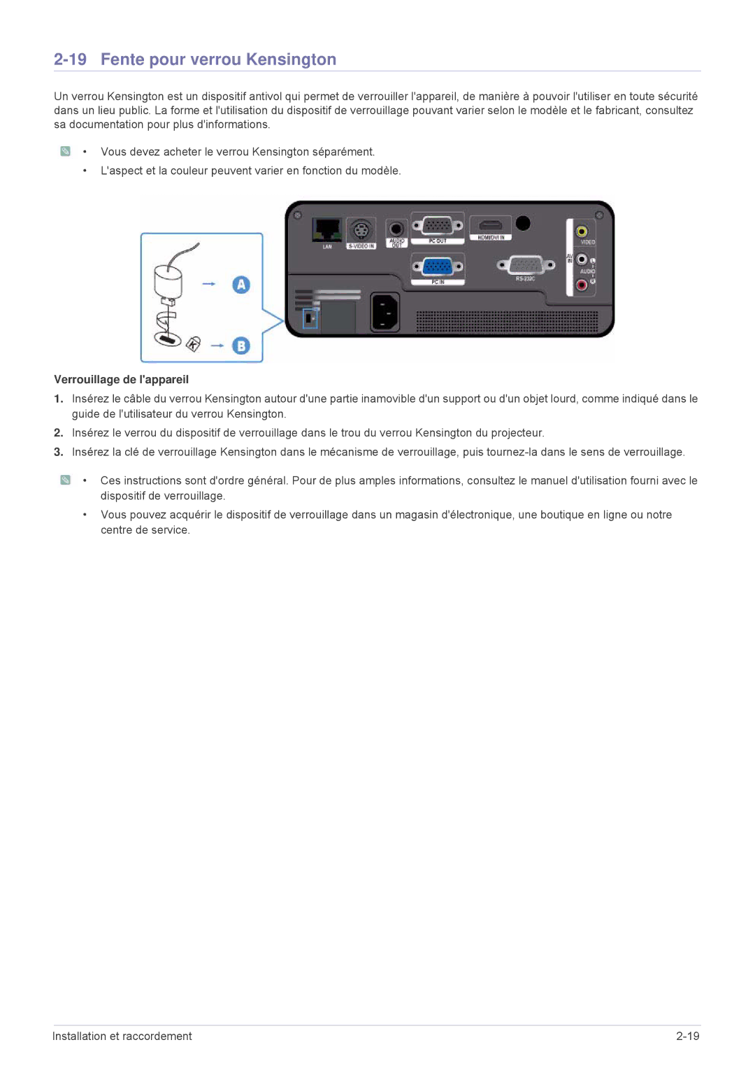 Samsung SP1055XWX/EN, SP1005XWX/EN manual Fente pour verrou Kensington, Verrouillage de lappareil 