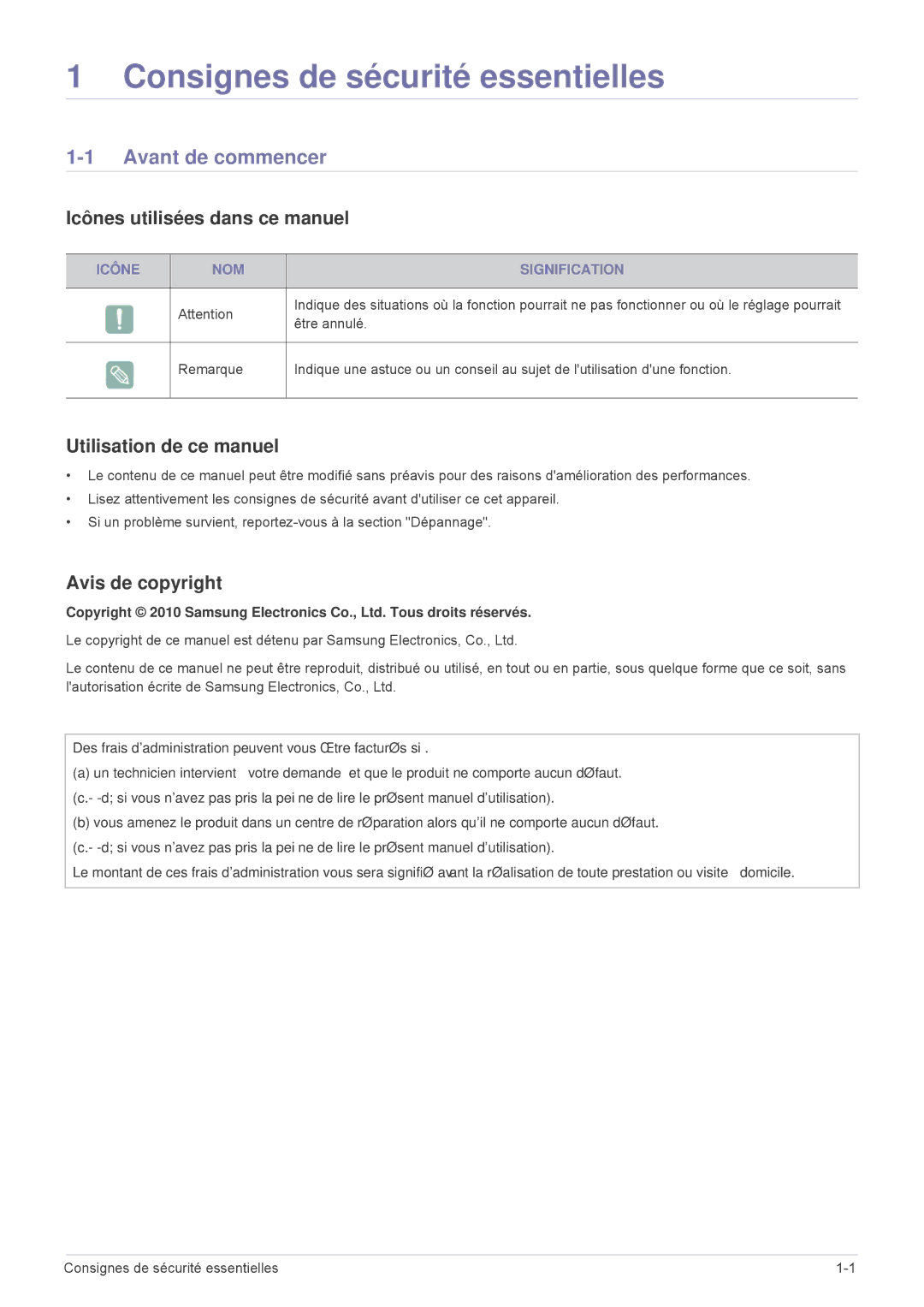 Samsung SP1005XWX/EN Avant de commencer, Icônes utilisées dans ce manuel, Utilisation de ce manuel, Avis de copyright 