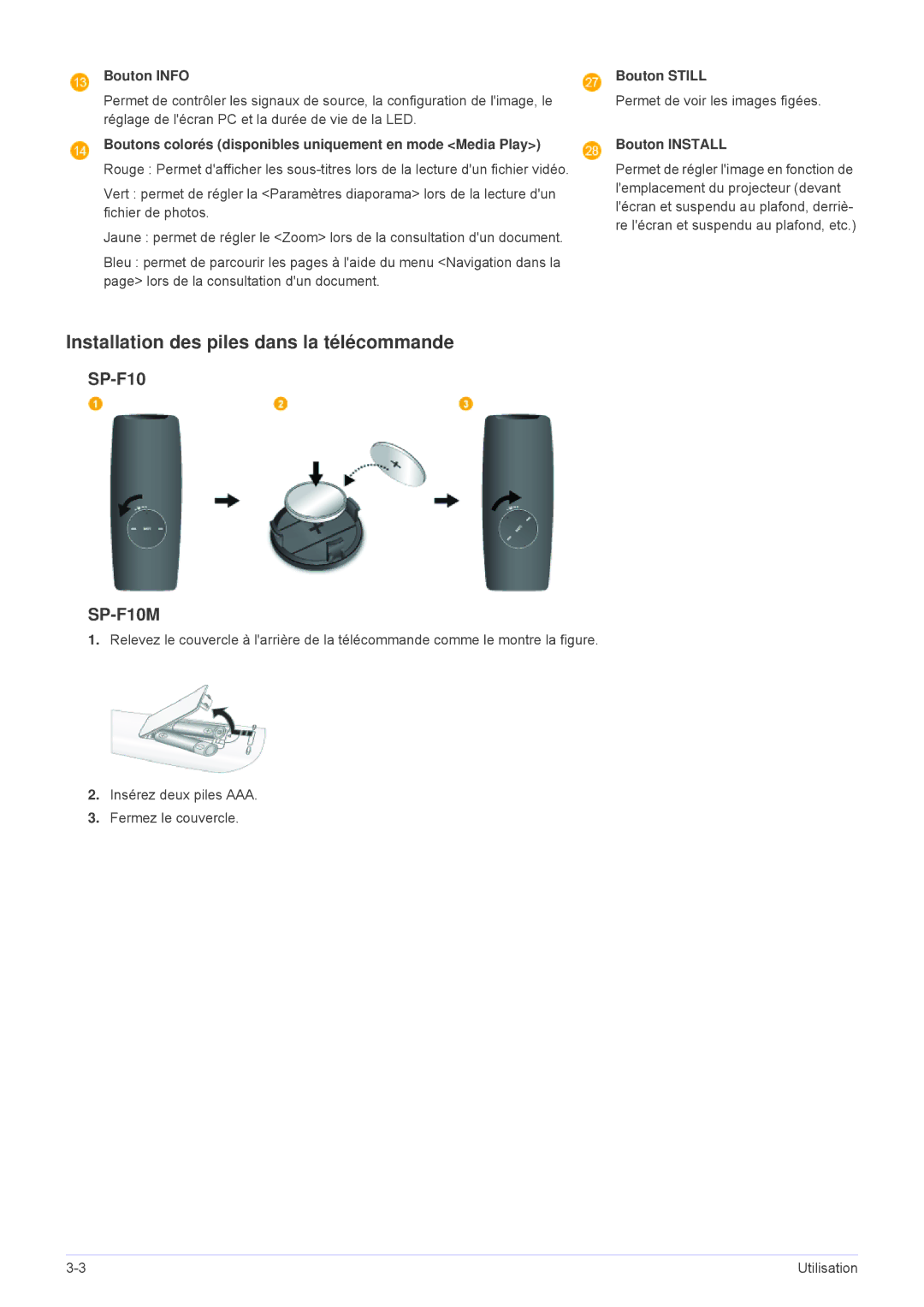 Samsung SP1005XWX/EN, SP1055XWX/EN manual Installation des piles dans la télécommande 