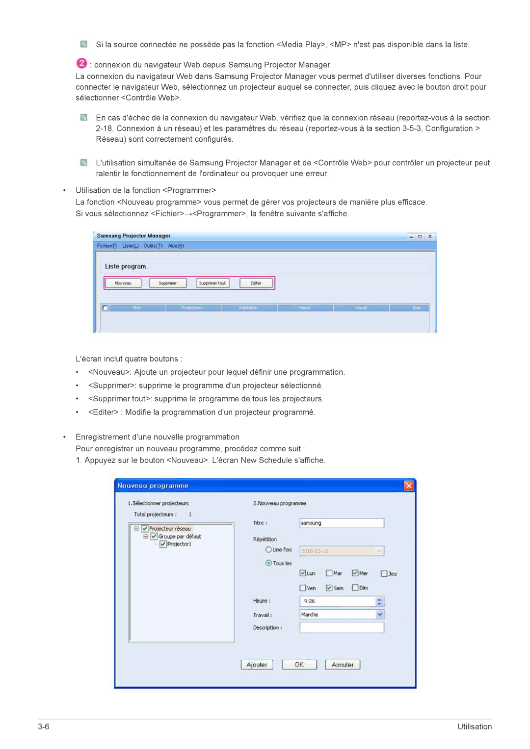 Samsung SP1055XWX/EN, SP1005XWX/EN manual Utilisation 