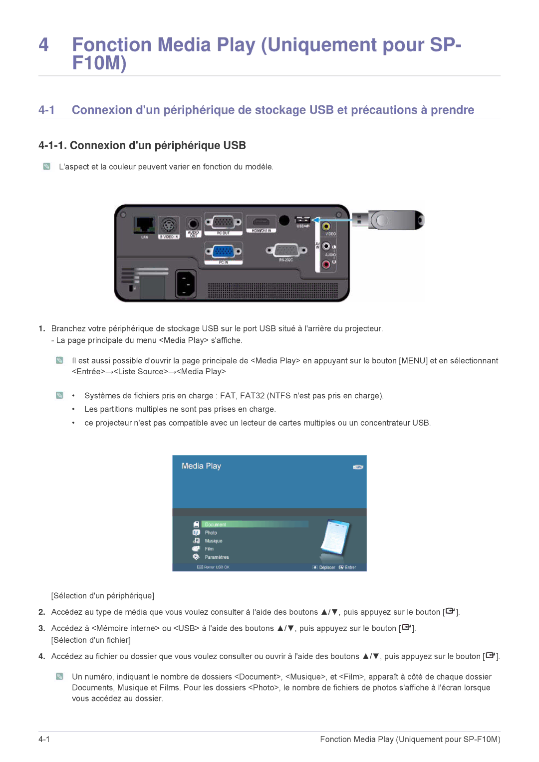 Samsung SP1055XWX/EN, SP1005XWX/EN manual Fonction Media Play Uniquement pour SP- F10M, Connexion dun périphérique USB 