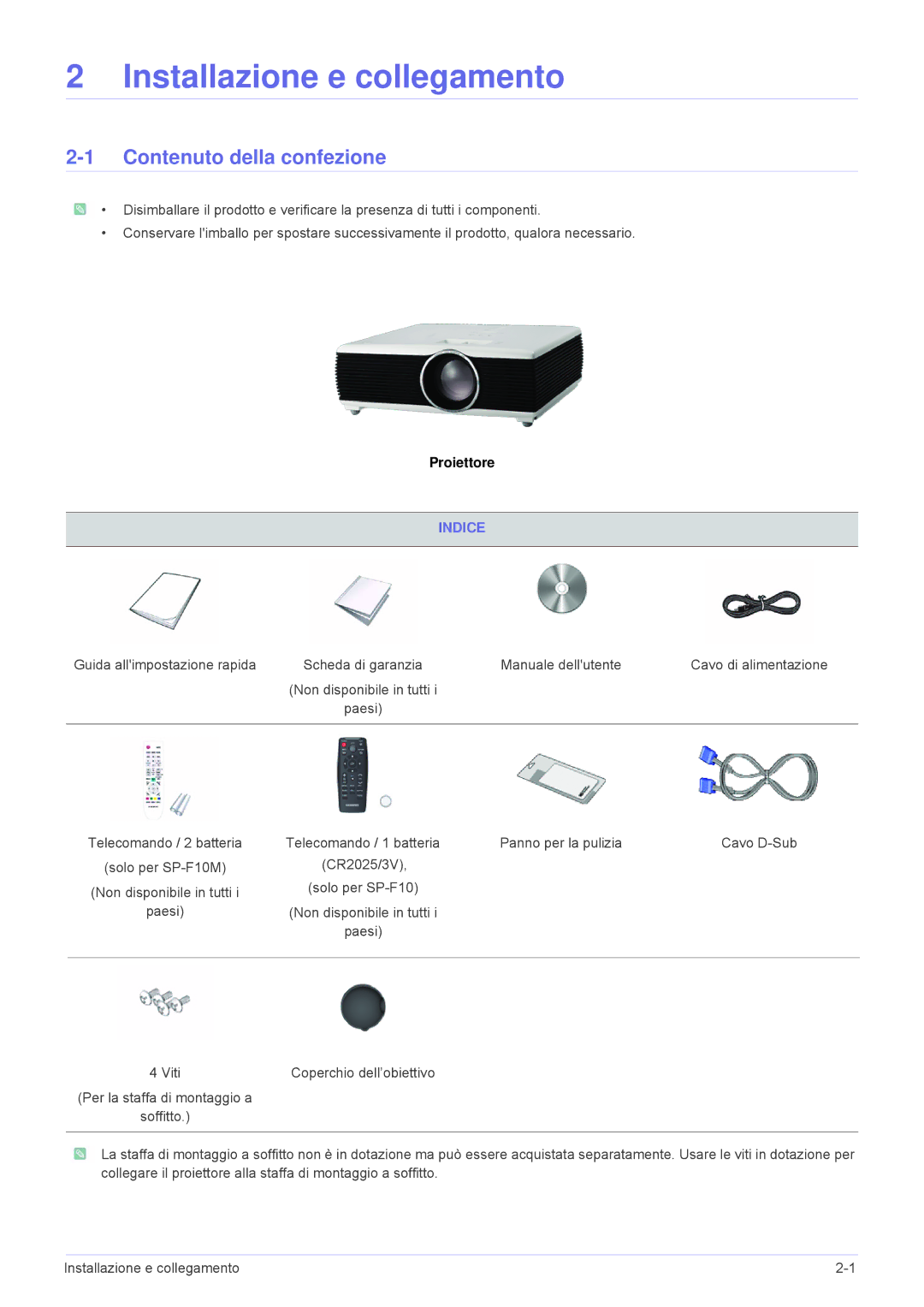 Samsung SP1005XWX/EN, SP1055XWX/EN manual Contenuto della confezione, Indice 