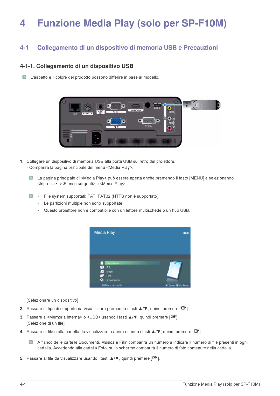 Samsung SP1055XWX/EN manual Collegamento di un dispositivo di memoria USB e Precauzioni, Collegamento di un dispositivo USB 