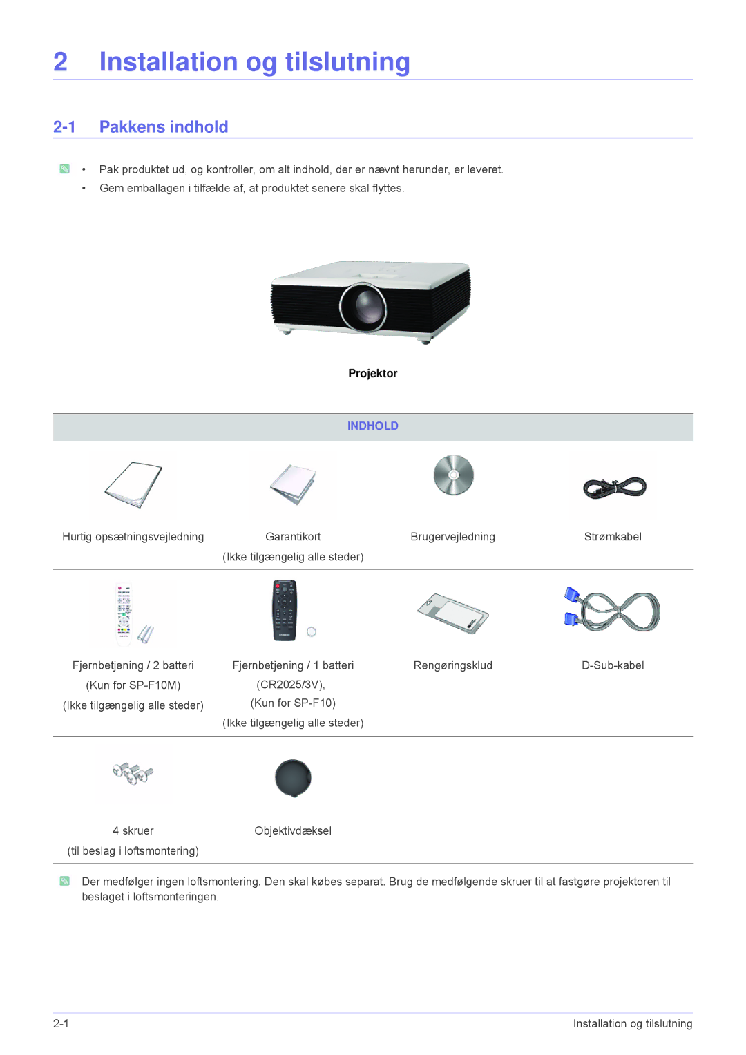 Samsung SP1055XWX/EN, SP1005XWX/EN manual Pakkens indhold, Indhold 