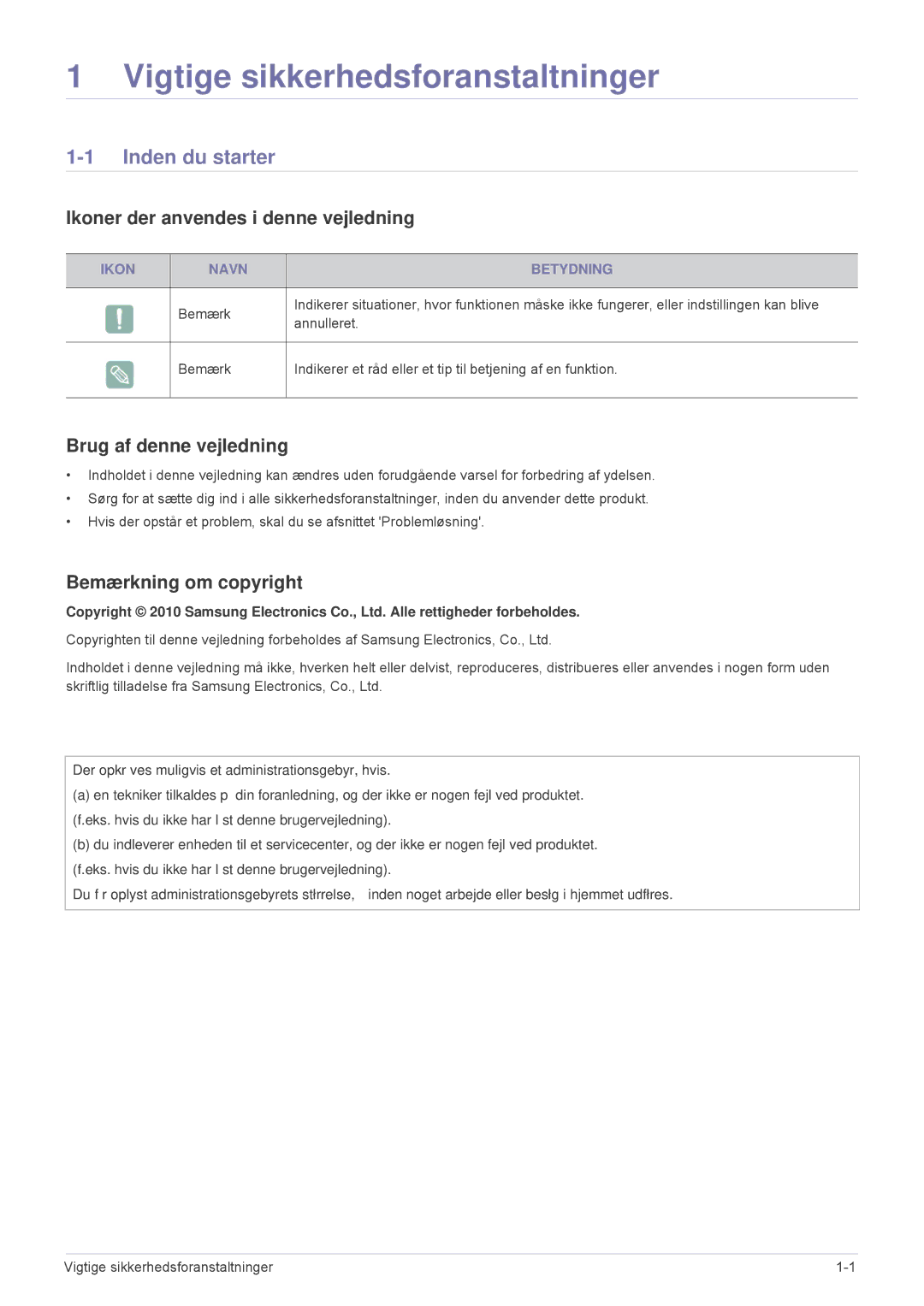 Samsung SP1005XWX/EN, SP1055XWX/EN manual Inden du starter, Ikoner der anvendes i denne vejledning, Brug af denne vejledning 