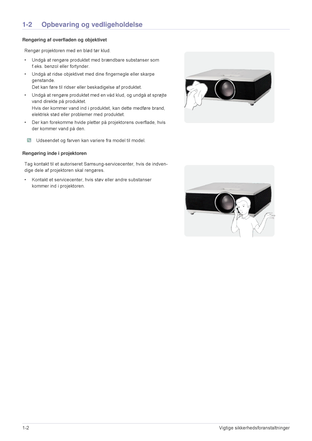 Samsung SP1055XWX/EN Opbevaring og vedligeholdelse, Rengøring af overfladen og objektivet, Rengøring inde i projektoren 