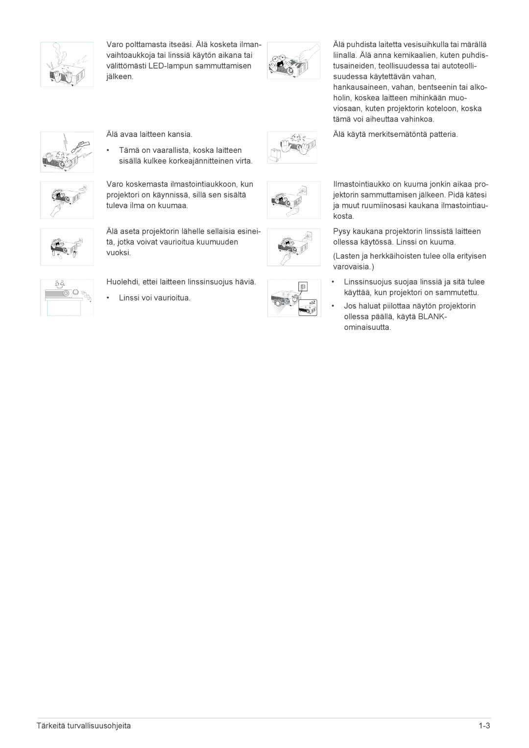 Samsung SP1005XWX/EN, SP1055XWX/EN manual Lasten ja herkkäihoisten tulee olla erityisen varovaisia 