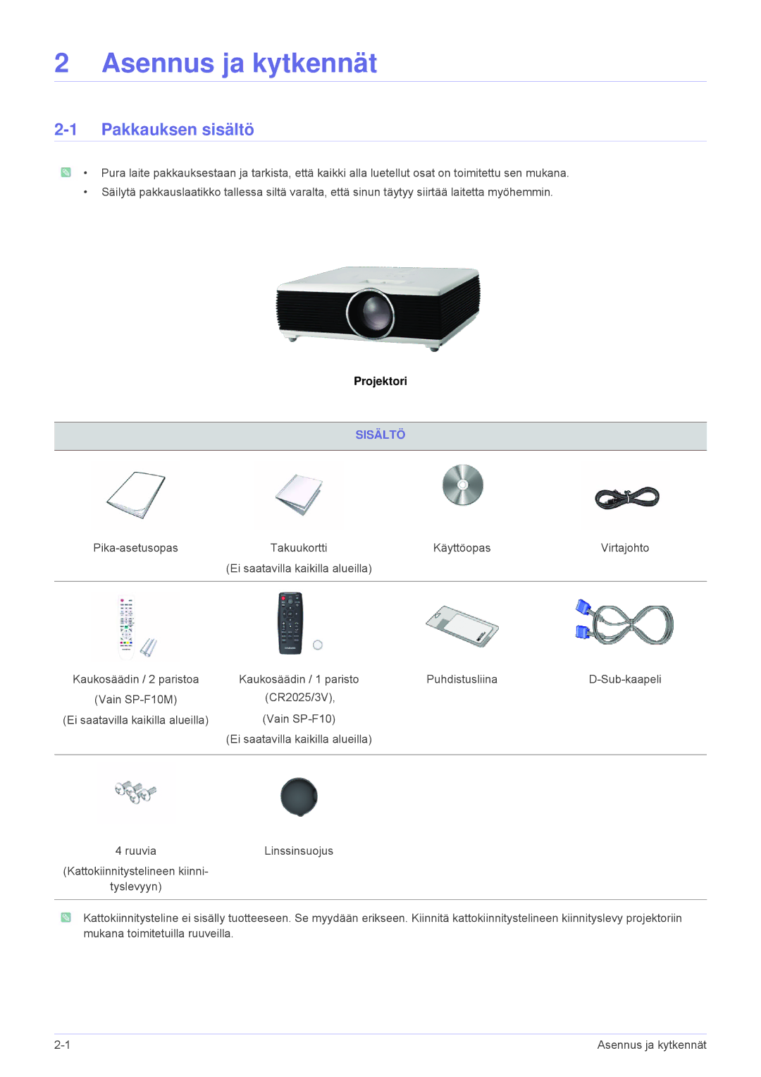 Samsung SP1055XWX/EN, SP1005XWX/EN manual Pakkauksen sisältö, Sisältö 