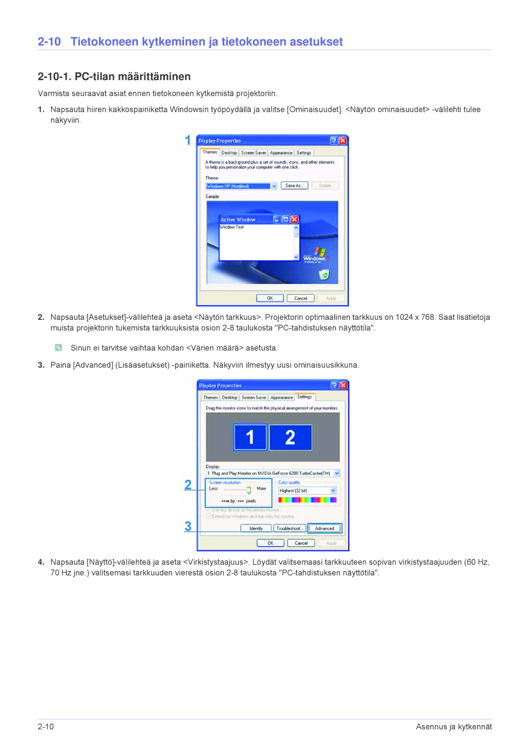 Samsung SP1055XWX/EN, SP1005XWX/EN manual Tietokoneen kytkeminen ja tietokoneen asetukset, PC-tilan määrittäminen 