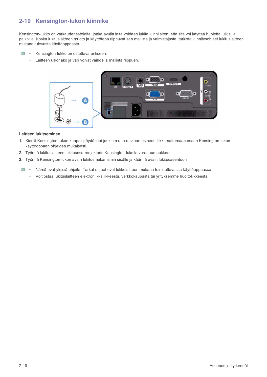 Samsung SP1005XWX/EN, SP1055XWX/EN manual Kensington-lukon kiinnike, Laitteen lukitseminen 