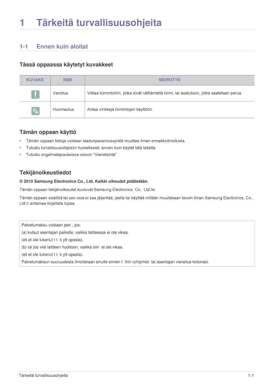 Samsung SP1005XWX/EN manual Ennen kuin aloitat, Tässä oppaassa käytetyt kuvakkeet, Tämän oppaan käyttö, Tekijänoikeustiedot 