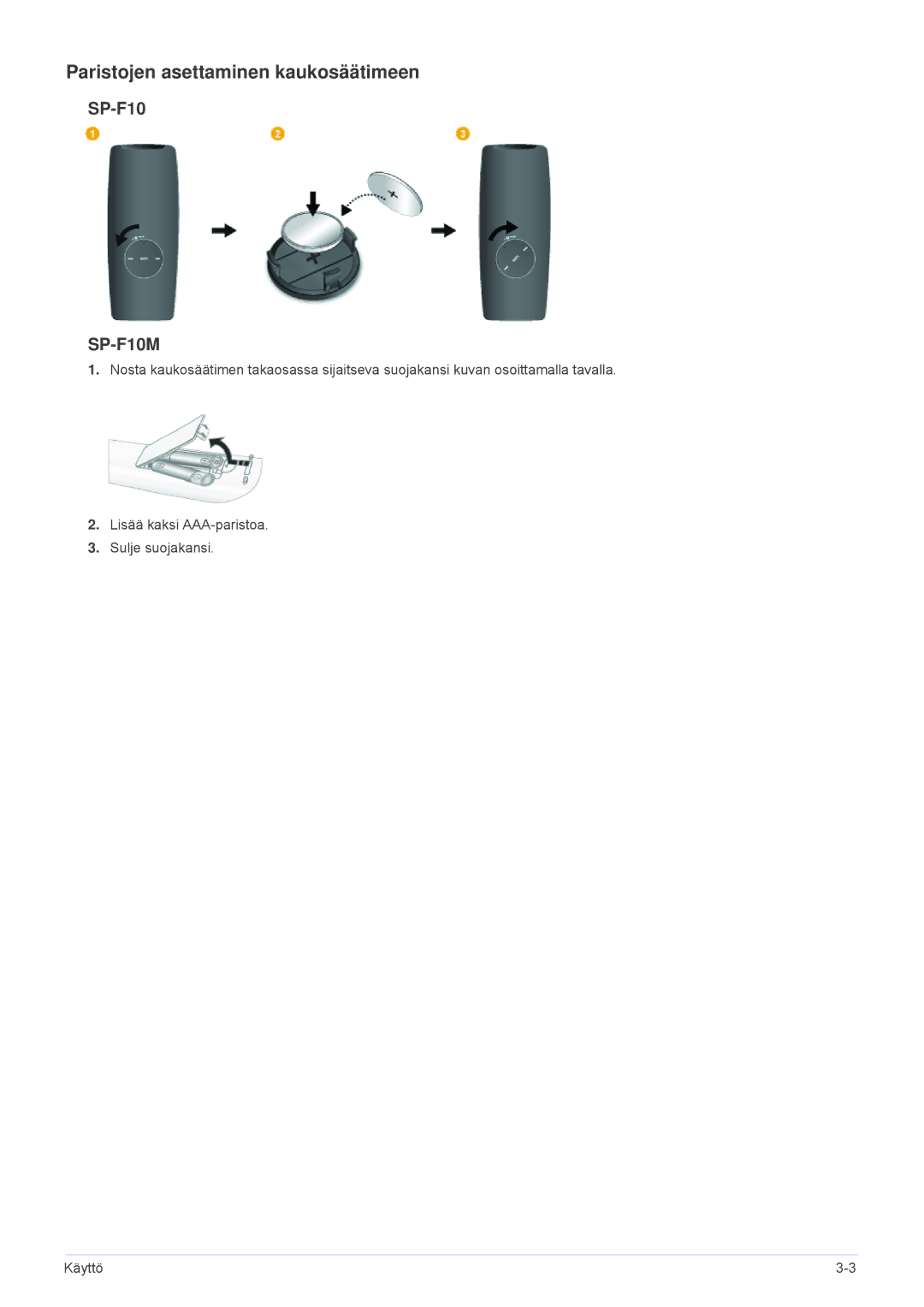 Samsung SP1055XWX/EN, SP1005XWX/EN manual Paristojen asettaminen kaukosäätimeen, SP-F10M 