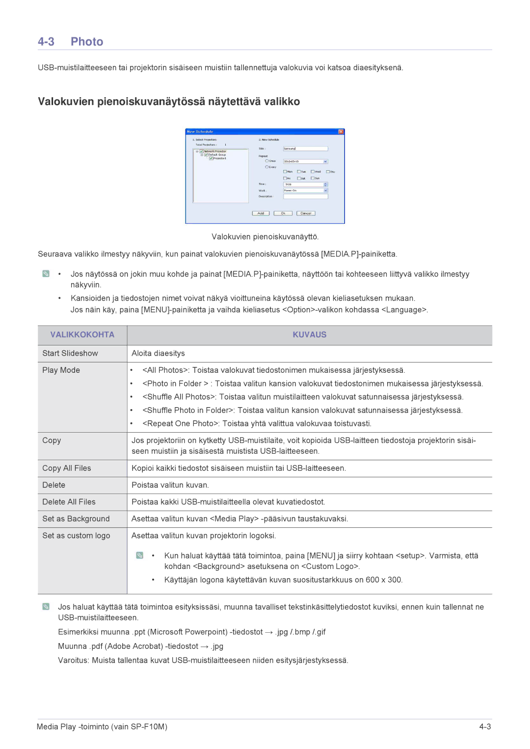 Samsung SP1005XWX/EN, SP1055XWX/EN manual Photo, Valokuvien pienoiskuvanäytössä näytettävä valikko 