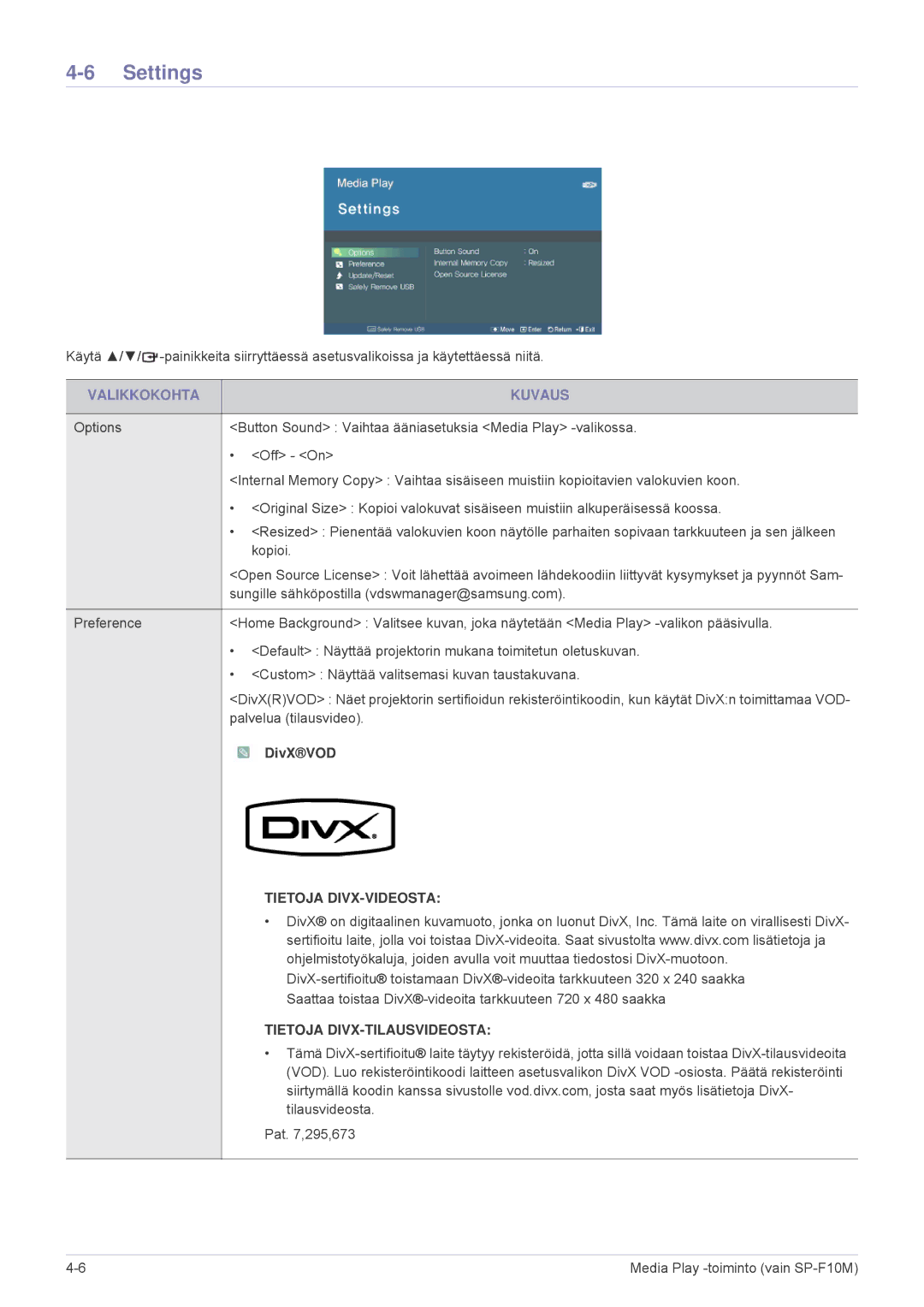 Samsung SP1055XWX/EN, SP1005XWX/EN manual Settings, DivXVOD 