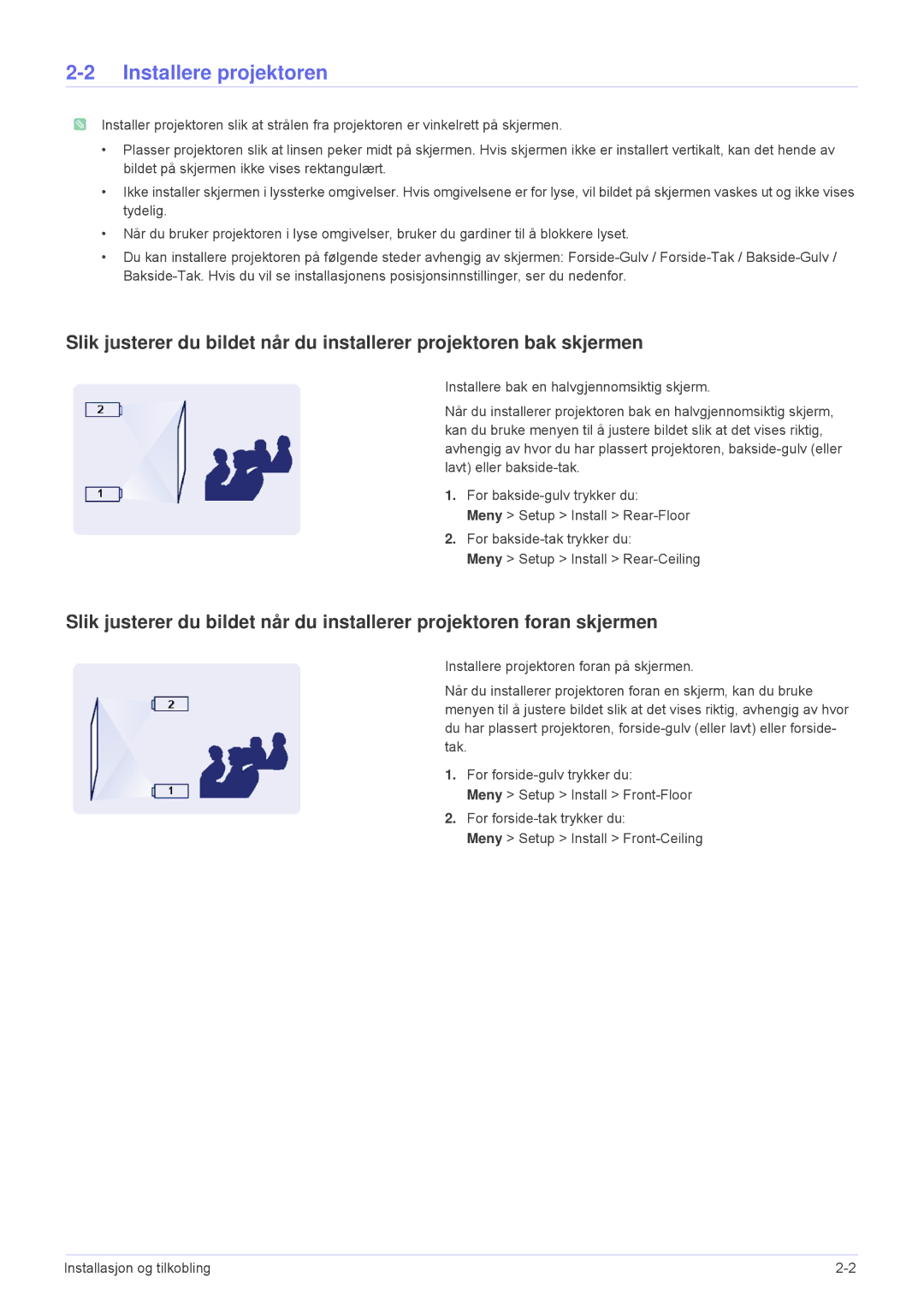 Samsung SP1005XWX/EN, SP1055XWX/EN manual Installere projektoren 