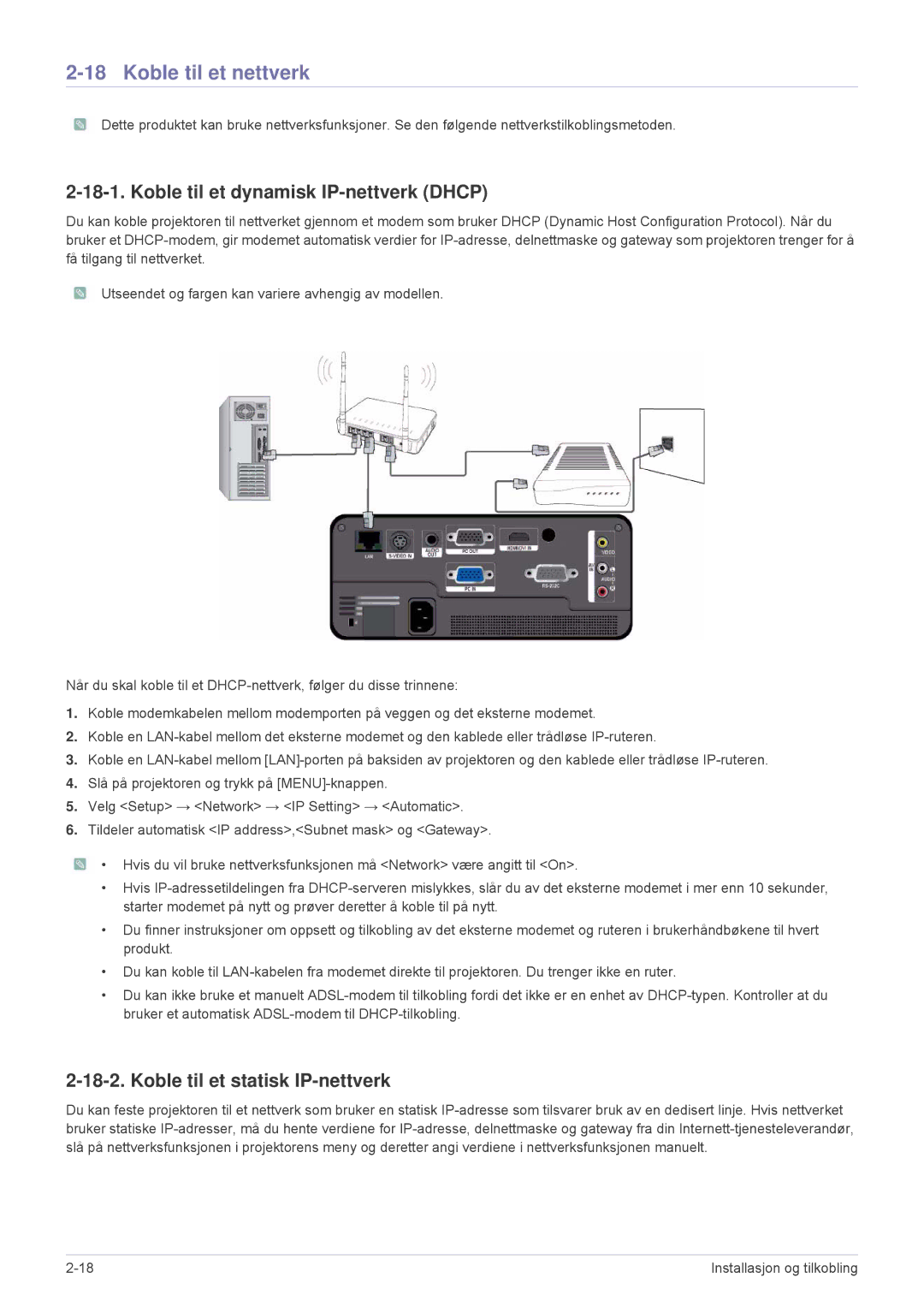 Samsung SP1005XWX/EN manual Koble til et nettverk, Koble til et dynamisk IP-nettverk Dhcp, Koble til et statisk IP-nettverk 