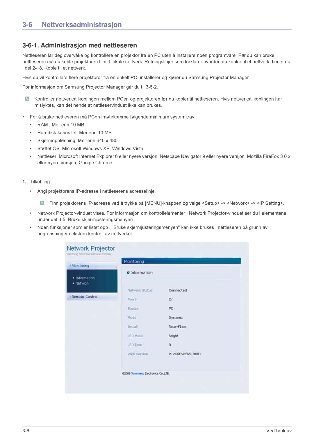 Samsung SP1055XWX/EN, SP1005XWX/EN manual Nettverksadministrasjon, Administrasjon med nettleseren 