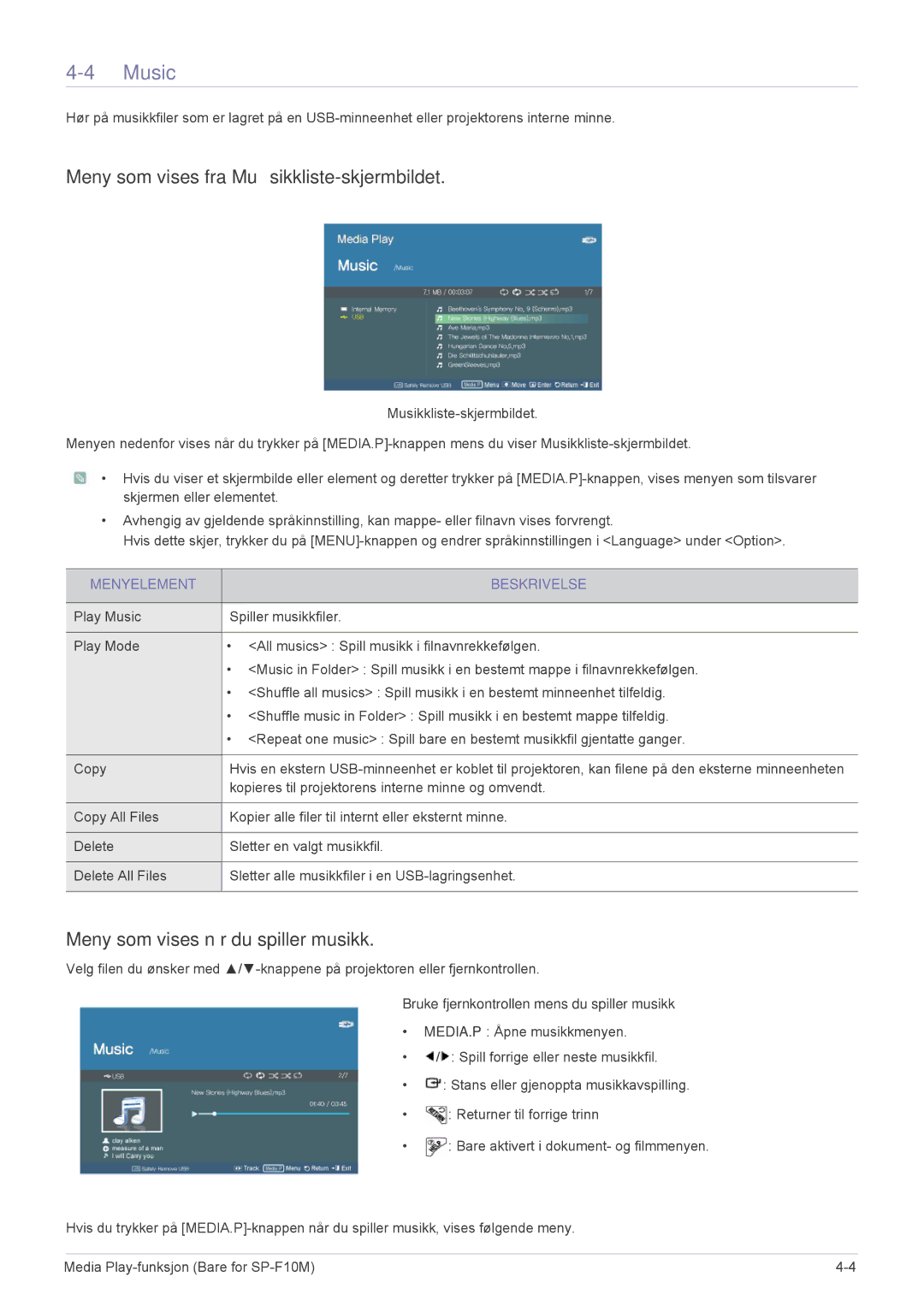 Samsung SP1005XWX/EN manual Music, Meny som vises fra Musikkliste-skjermbildet, Meny som vises når du spiller musikk 