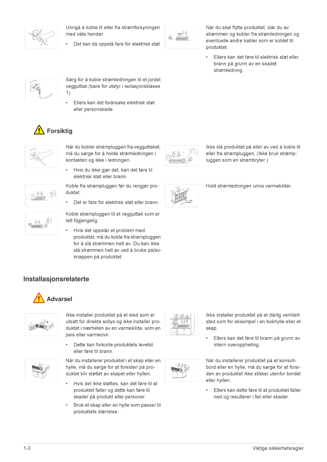 Samsung SP1055XWX/EN, SP1005XWX/EN manual Installasjonsrelaterte, Forsiktig 